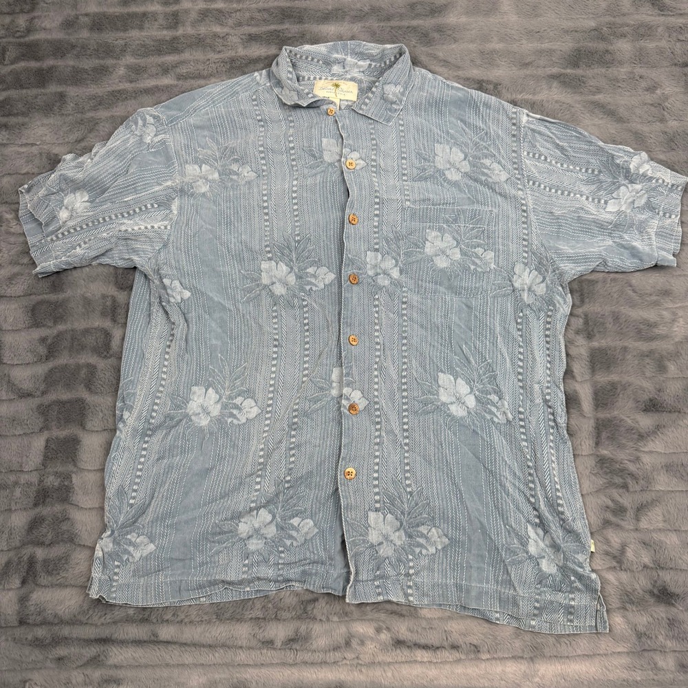 Island Shores Mens XL Washable Silk Floral Camp Shirt Blue Short Sleeve Hibiscus